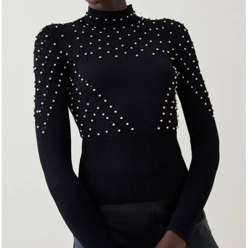 KAREN MILLEN Embellished Gold Bead Black Long Sleeve Knitted Cowl Sweater Small